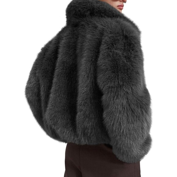 Women's Cropped Faux Fur Jacket Shaggy Lapel Zip Up Winter Coats Fuzzy Grey - Picture 3 of 6